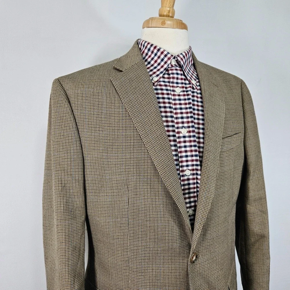 Chaps Men's Sport Coat Blazer Two Button Brown‎ Houndstooth Poly Blend Sz 42L